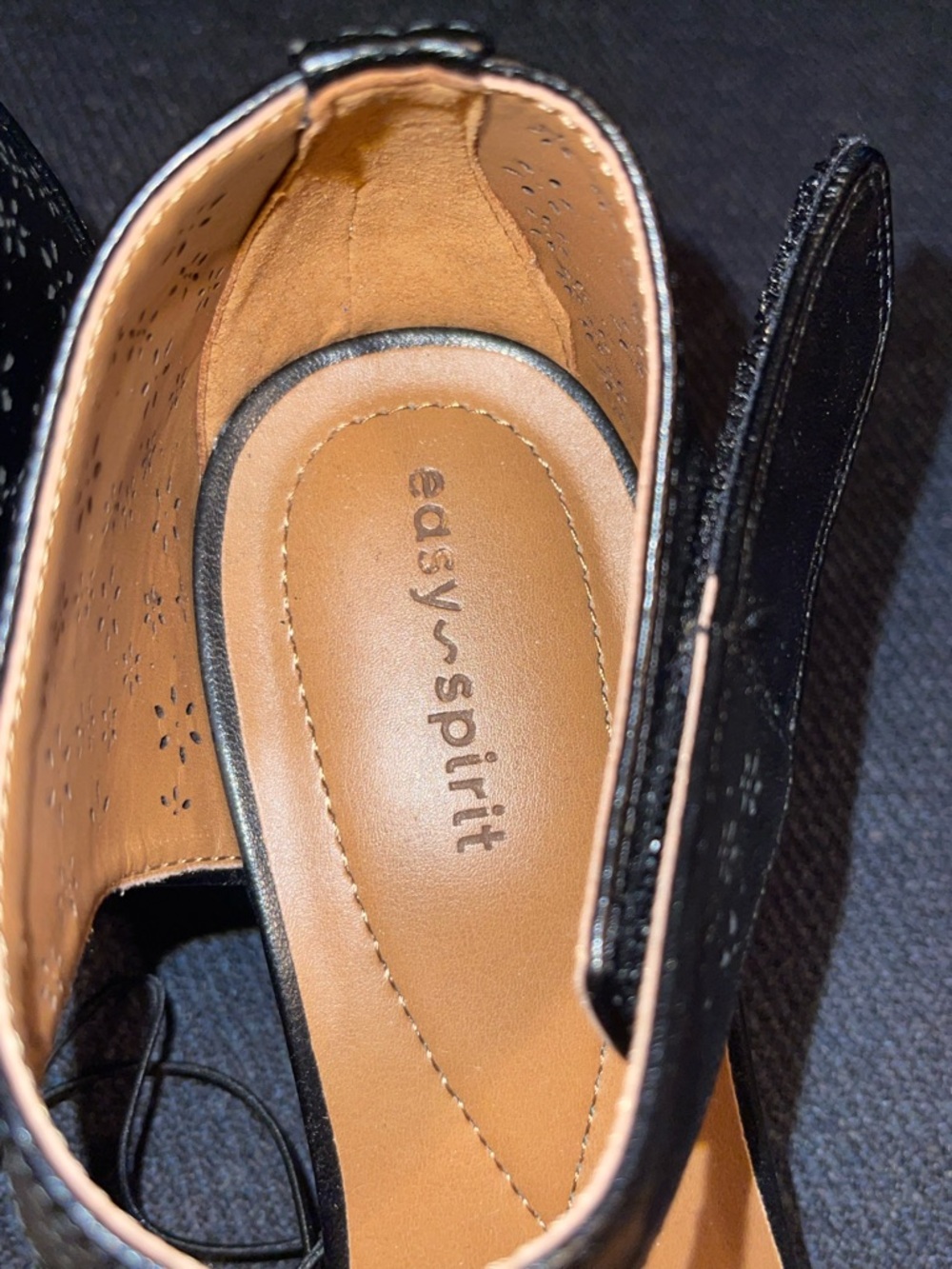Easy Spirit Classic Black Mary Jane Heels with Perforated Floral Design/Velcro - Picture 9 of 11